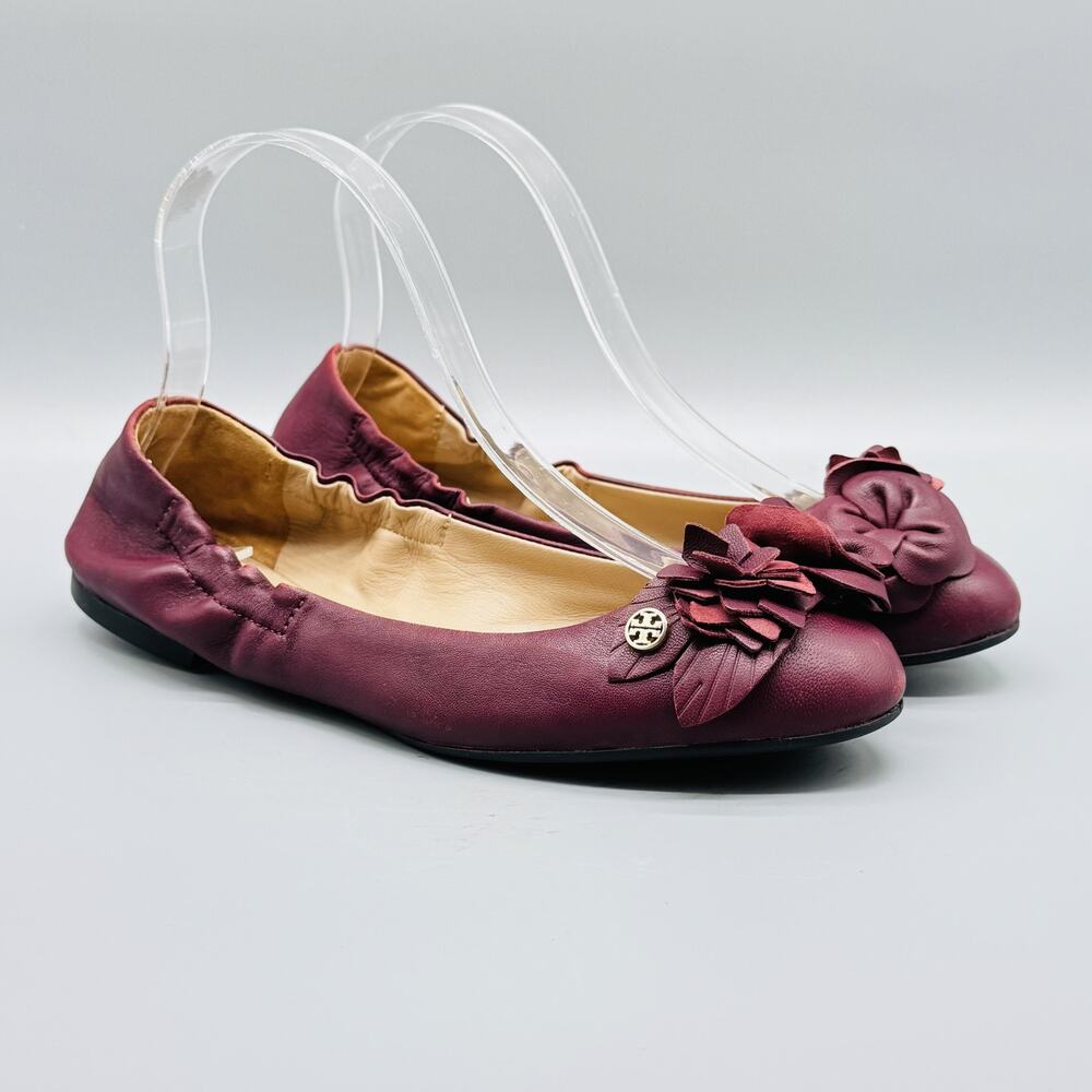 Tory Burch Wine Floral Appliqué Ballet Flats